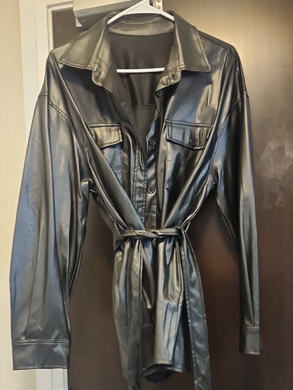 Black Faux Leather Tie-Waist Blazer Jacket